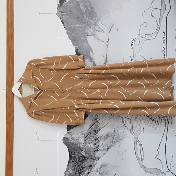 Beautiful Tan & White Patterned Vintage Midi Dress Size S - Picture 1 of 9